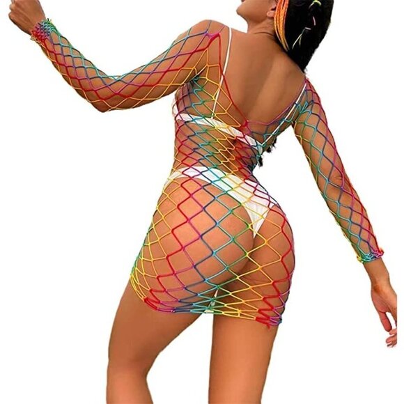 𝅺🌈 Rainbow Fishnet Stockings Mesh Lingerie Bodysuit BDSM Bondage Cosplay NWT - Picture 3 of 6